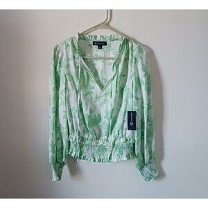 INC International Concepts‎ Womens Green White Floral Sheer Blouse Top XS